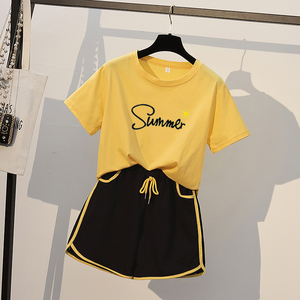 纯棉休闲套装女夏两件套短裤跑步宽松时尚韩版短袖运动服学生黄色