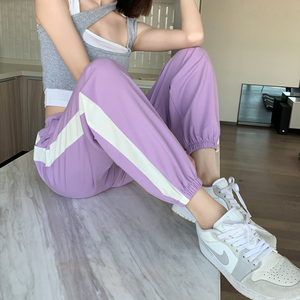 八分休闲运动裤女夏季冰丝宽松束脚紫色九分150cm小个子薄款裤子