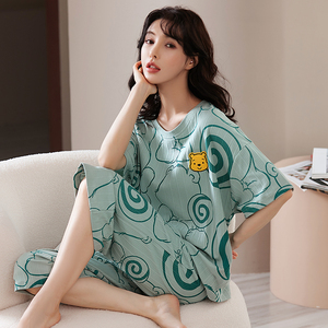 睡衣女夏季新款针织棉短袖七分裤高级感家居服薄款两件套装可外穿