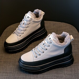 加绒棉鞋厚底松糕内增高坡跟灰黑拼接网红加厚矮个子防滑休闲鞋女