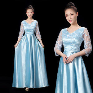 蓝色大合唱演出服装女长裙中学生朗诵指挥合唱团晚礼服主持人长款