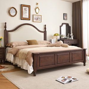 美式实木床黑胡桃木色1.8米双人床现代简约复古奶油风卧室高箱床