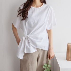 日韩系不规则下摆绑带打结上衣女式外贸款设计感棉麻短袖修身T恤