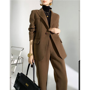 高端棕色毛呢西装职业套装女秋冬设计感双面呢收腰西服垂感九分裤