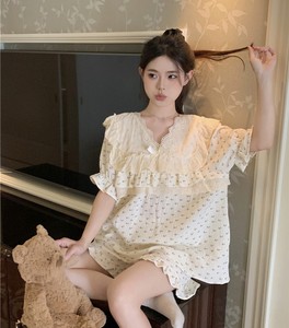 韩版夏季公主风蕾丝花边小清新樱桃纯棉双层纱布睡衣女家居服套装