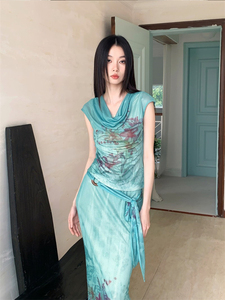 新中式植物花卉绿色荡领网纱无袖背心上衣女夏季不规则包臀鱼尾裙