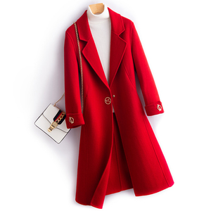 红色女中长款羊毛呢外套纯色修身纯羊毛西装领呢子显瘦大衣气质