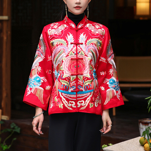 唐装女装中国风冬季民族风红色刺绣唐装改良旗袍上衣复古中式外套