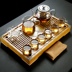 透明玻璃功夫茶具套装家用客厅泡茶器实木茶台简约竹茶盘煮茶壶