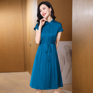 真丝连衣裙女夏季桑蚕丝收腰显瘦气质系带短袖中长款高档衬衫裙子