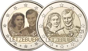 卢森堡2021年 结婚纪念日40周年 2欧元双色 纪念币 2枚一套 全新