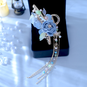 汉元素古风头饰仙气天蓝色绢花森系精致古风抓夹合金流苏鲨鱼夹