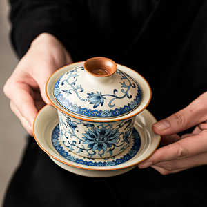 汝窑三才盖碗轻奢中式青花陶瓷茶碗功夫茶具套装复古品茗杯茶托盘