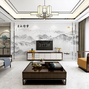 新中式瓷砖电视背景墙微晶石岩板大理石现代简约山水画轻奢影视墙