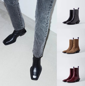 代购eytys 21新款纯牛皮方头切尔西靴中跟侧拉链马丁靴短靴