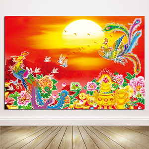 双凤凰吉祥鸟富贵牡丹壁画招财镇宅婚房卧室床头家居装饰墙贴挂画