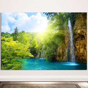 大自然风光海报水潭瀑布流水生财挂画高山山水风景画客厅墙壁贴画