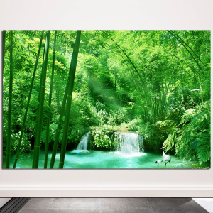 竹林挂画竹子山水画竹报平安河流小溪仙鹤大自然风景画装饰墙贴画