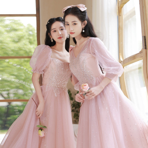 粉色伴娘服夏季小个子2022年新款姐妹团显瘦气质学生毕业礼服裙女