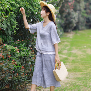 亚麻棉麻套装女款两件套夏文艺复古双层v领短袖上衣七分裤阔腿裤