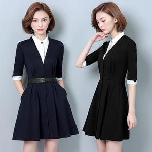 连衣裙女装职业装a字裙美容办公室中袖工装面试连体裙教师ol春夏