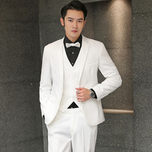 纯白色西服套装男士韩版修身三件套伴郎新郎结婚礼服正装小西装秋