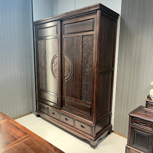 紫檀木储物衣柜移门衣柜简约明清古典中式实木家具复古推拉门衣橱