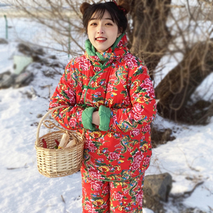 东北大花布衣服冬二人转演出服装男女村姑棉衣棉裤套装大码秧歌
