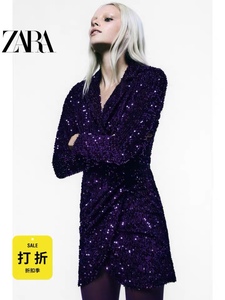 Zara国内正品代购女士珠片西装款式连衣裙亮片天鹅绒短裙0387195