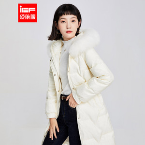 ief/爱依服白鸭绒蕾丝羽绒服2021冬季新款收腰带廓形中长款外套女
