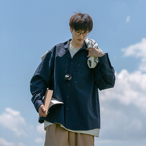 cityboy藏蓝色日系少年感长袖衬衫男秋季vintage衬衣美式工装外套