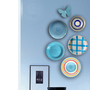 挂盘艺术墙~地中海陶瓷盘子墙装饰 蓝色墙面装饰盘子背景墙挂盘美