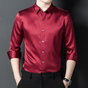 重磅真丝男士衬衫长袖真品桑蚕丝衬衫丝绸男装弹力缎本命年大红色