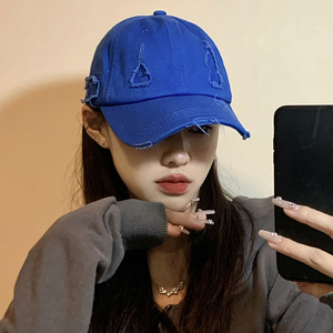 深帽檐修饰脸型帽子鸭舌帽克莱因蓝棒球帽男女街头破洞软顶宝蓝色