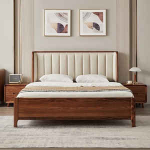 新中式乌金木床全实木真皮软靠双人床轻奢卧室家具实木婚床定制