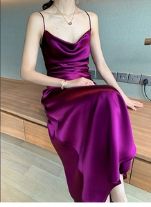 高级三醋酸绸缎面丝滑连衣裙紫色45度斜裁荡领可调节纯色吊带长裙