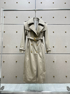 南油高定女装时尚优雅双排金属扣束腰设计镂空腰带长款风衣外套