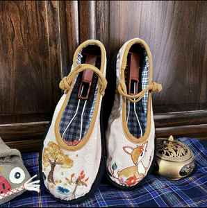 原创复古纯手工千层底布鞋女士浅口亚麻绣花一字盘扣系带圆头单鞋