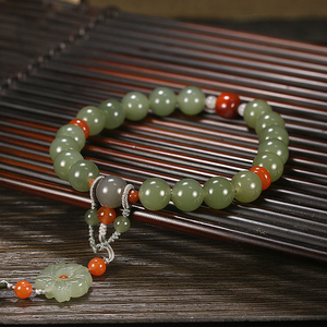 和田玉湖水绿青玉手串精编十八子压襟料特色挂件手持手串圆珠手链