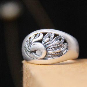 古朴饰品 s990足银开口孔雀指环女款 简约凤凰泰银复古风戒指包邮