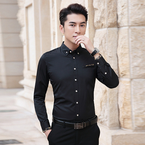 黑色衬衫男长袖修身韩版帅气男士衬衣青年商务休闲职业工装寸衫潮