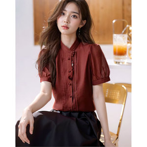 新中式国风红色雪纺衬衫女短袖夏季新款气质盘扣小衫改良唐装上衣