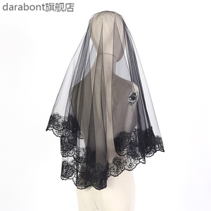韩式新娘拍照黑色头纱万圣节复古写真头纱黑色蕾丝个性旅拍长头