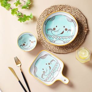 卡通动物陶瓷碗碟圆形碗盘单柄烤盘全套儿童彩釉可爱萌系全国包邮