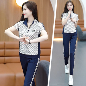 运动服套装女夏季新款时尚韩版印花冰丝薄款短袖跑步服休闲两件套