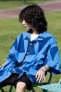 夏季日系港风短袖衬衫女夏威夷风设计感小众拼色宽松五分袖衬衣
