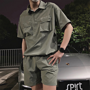 工装翻领polo衫t恤男夏季高级感冰丝短袖短裤搭配一套休闲运动服