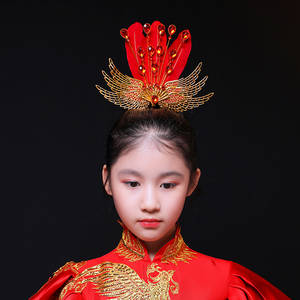 女童孔雀皇冠头饰复古红色公主裙发饰儿童配饰小女孩演出王冠饰品