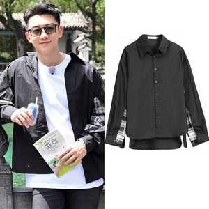 奔跑吧5郑恺同款拼接格子衬衫外套韩版简约宽松休闲薄款开衫男女