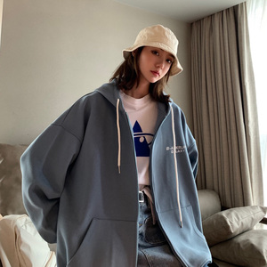 情侣装外套女潮ins新款开衫连帽卫衣雾霾蓝百搭韩版简约炸街夹克